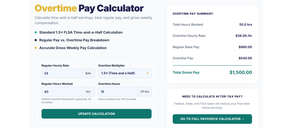 PaycheckLogic calculator showing overtime tax calculation example